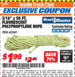 Harbor Freight ITC Coupon 3/16" X 50 FT. GLOW IN THE DARK POLYPROPYLENE ROPE Lot No. 65569 Expired: 10/31/18 - $1.99