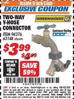 Harbor Freight ITC Coupon TWO-WAY Y-HOSE CONNECTOR Lot No. 94376/63148 Expired: 5/31/18 - $3.99