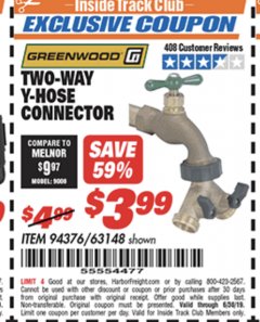 Harbor Freight ITC Coupon TWO-WAY Y-HOSE CONNECTOR Lot No. 94376/63148 Expired: 6/30/19 - $3.99