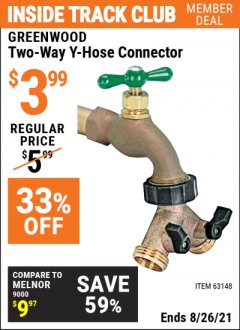 Harbor Freight ITC Coupon TWO-WAY Y-HOSE CONNECTOR Lot No. 94376/63148 Expired: 8/26/21 - $3.99