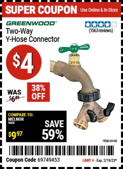 Harbor Freight Coupon TWO-WAY Y-HOSE CONNECTOR Lot No. 94376/63148 Expired: 2/19/23 - $4