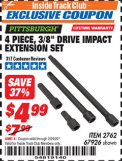 Harbor Freight ITC Coupon 4 PIECE 3/8" DRIVE IMPACT EXTENSION SET  Lot No. 67926 Expired: 2/29/20 - $4.99