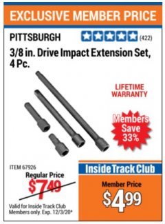 Harbor Freight Coupon 4 PIECE 3/8" DRIVE IMPACT EXTENSION SET  Lot No. 67926 Expired: 12/3/20 - $4.99