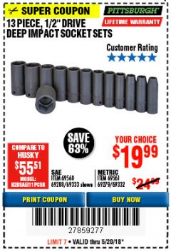 Harbor Freight Coupon 13 PIECE 1/2" DRIVE DEEP WALL IMPACT SOCKET SETS Lot No. 69560/67903/69280/69333/69561/67904/69279/69332 Expired: 5/20/18 - $19.99