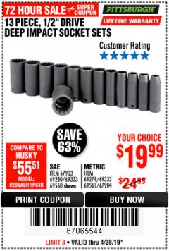 Harbor Freight Coupon 13 PIECE 1/2" DRIVE DEEP WALL IMPACT SOCKET SETS Lot No. 69560/67903/69280/69333/69561/67904/69279/69332 Expired: 4/28/19 - $19.99