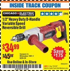 Harbor Freight ITC Coupon 1/2" VARIABLE SPEED REVERSIBLE HEAVY DUTY DRILL Lot No. 61741/69452 Expired: 7/31/20 - $34.99