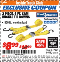 Harbor Freight ITC Coupon 2" X 6 FT. CAM BUCKLE TIE DOWNS - PACK OF 2 Lot No. 61713 Expired: 9/30/18 - $8.99