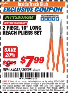 Harbor Freight ITC Coupon 2 PIECE, 16" LONG REACH PLIERS SET Lot No. 38598/64082 Expired: 5/31/19 - $7.99