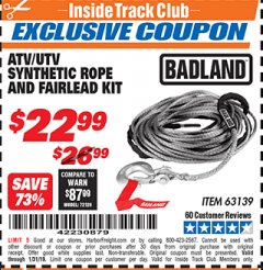 Harbor Freight ITC Coupon ATV/UTV SYNTHETIC ROPE AND FAIRLEAD KIT Lot No. 63139 Expired: 1/31/19 - $22.99