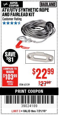 Harbor Freight Coupon ATV/UTV SYNTHETIC ROPE AND FAIRLEAD KIT Lot No. 63139 Expired: 7/21/19 - $22.99