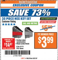 Harbor Freight ITC Coupon 25 PIECE HEX KEY SET Lot No. 5962/62173 Expired: 9/25/18 - $3.99