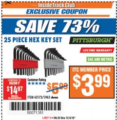 Harbor Freight ITC Coupon 25 PIECE HEX KEY SET Lot No. 5962/62173 Expired: 12/4/18 - $3.99