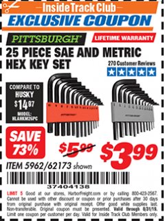 Harbor Freight ITC Coupon 25 PIECE HEX KEY SET Lot No. 5962/62173 Expired: 8/31/19 - $3.99