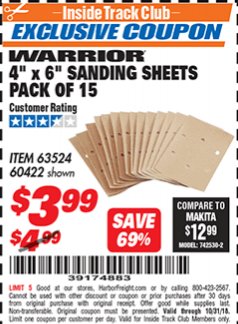 Harbor Freight ITC Coupon 4" X 6" SANDING SHEETS PACK OF 15 Lot No. 63524/60422 Expired: 10/31/18 - $3.99