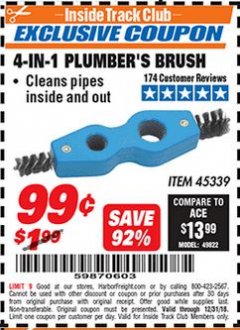 Harbor Freight ITC Coupon 4-IN-1 PLUMBER'S BRUSH Lot No. 45339 Expired: 12/31/18 - $0.99
