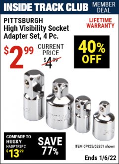 Harbor Freight ITC Coupon 4 PIECE HIGH VISIBILITY SOCKET ADAPTER SET Lot No. 62851/67925 Expired: 1/6/22 - $2.99