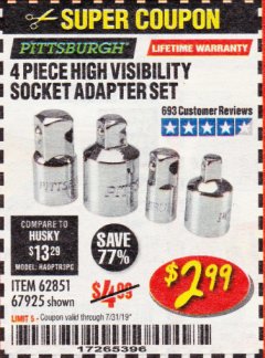 Harbor Freight Coupon 4 PIECE HIGH VISIBILITY SOCKET ADAPTER SET Lot No. 62851/67925 Expired: 7/31/19 - $2.99