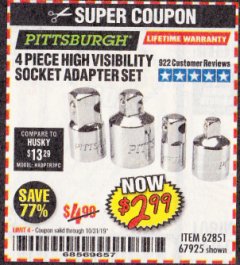 Harbor Freight Coupon 4 PIECE HIGH VISIBILITY SOCKET ADAPTER SET Lot No. 62851/67925 Expired: 10/31/19 - $2.99