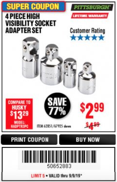 Harbor Freight Coupon 4 PIECE HIGH VISIBILITY SOCKET ADAPTER SET Lot No. 62851/67925 Expired: 9/9/19 - $2.99