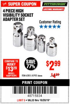Harbor Freight Coupon 4 PIECE HIGH VISIBILITY SOCKET ADAPTER SET Lot No. 62851/67925 Expired: 10/20/19 - $2.99
