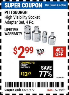 Harbor Freight Coupon 4 PIECE HIGH VISIBILITY SOCKET ADAPTER SET Lot No. 62851/67925 Expired: 3/3/22 - $2.99