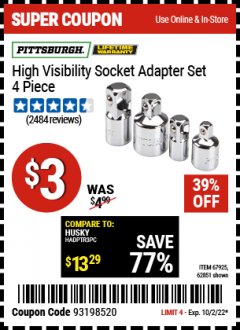 Harbor Freight Coupon 4 PIECE HIGH VISIBILITY SOCKET ADAPTER SET Lot No. 62851/67925 Expired: 10/2/22 - $3