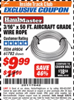 Harbor Freight ITC Coupon 3/16" X 50 FT. AIRCRAFT GRADE WIRE ROPE Lot No. 69804/61782 Expired: 9/30/18 - $9.99