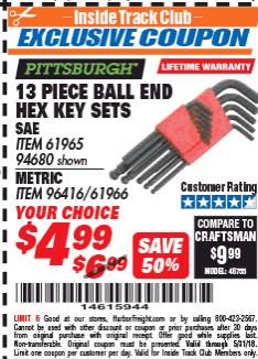 Harbor Freight ITC Coupon 13 PIECE BALL END HEX KEY SETS Lot No. 61965/94680/96416/61966 Expired: 5/31/18 - $4.99