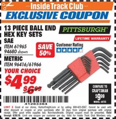Harbor Freight ITC Coupon 13 PIECE BALL END HEX KEY SETS Lot No. 61965/94680/96416/61966 Expired: 6/30/18 - $4.99