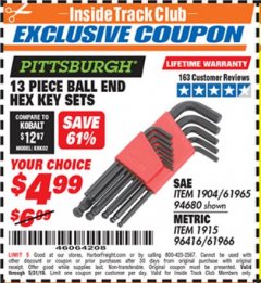 Harbor Freight ITC Coupon 13 PIECE BALL END HEX KEY SETS Lot No. 61965/94680/96416/61966 Expired: 5/31/19 - $4.99
