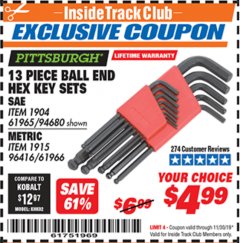 Harbor Freight ITC Coupon 13 PIECE BALL END HEX KEY SETS Lot No. 61965/94680/96416/61966 Expired: 11/30/19 - $4.99