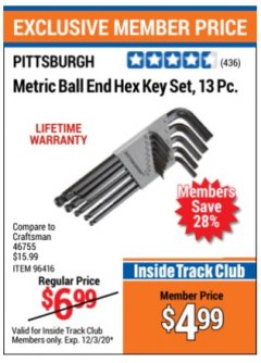 Harbor Freight Coupon 13 PIECE BALL END HEX KEY SETS Lot No. 61965/94680/96416/61966 Expired: 12/3/20 - $4.99