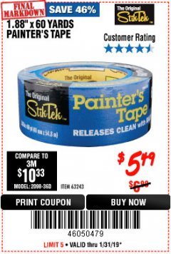 Harbor Freight Coupon 1.88" X 60 YARDS PAINTER'S TAPE Lot No. 63243 Expired: 1/31/19 - $5.49
