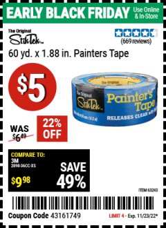 Harbor Freight Coupon 1.88" X 60 YARDS PAINTER'S TAPE Lot No. 63243 Expired: 11/23/22 - $5