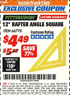 Harbor Freight ITC Coupon 12" RAFTER ANGLE SQUARE Lot No. 66778 Expired: 8/31/18 - $4.49