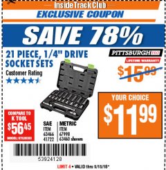 Harbor Freight ITC Coupon 21 PIECE, 1/4" DRIVE SOCKET SETS Lot No. 41722/63466/67998/63460 Expired: 5/15/18 - $11.99