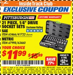 Harbor Freight ITC Coupon 21 PIECE, 1/4" DRIVE SOCKET SETS Lot No. 41722/63466/67998/63460 Expired: 8/31/18 - $11.99