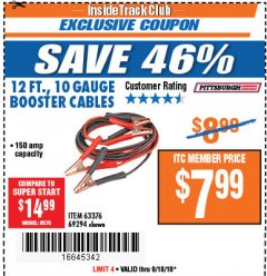 Harbor Freight ITC Coupon 12 FT., 10 GAUGE BOOSTER CABLES2 Lot No. 63376/69294 Expired: 9/18/18 - $7.99