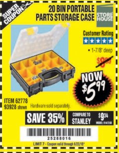 Harbor Freight Coupon 20 BIN PORTABLE PARTS STORAGE CASE Lot No. 62778/93928 Expired: 6/23/18 - $5.99