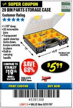 Harbor Freight Coupon 20 BIN PORTABLE PARTS STORAGE CASE Lot No. 62778/93928 Expired: 8/31/18 - $5.99