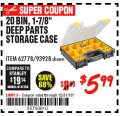 Harbor Freight Coupon 20 BIN PORTABLE PARTS STORAGE CASE Lot No. 62778/93928 Expired: 12/31/18 - $5.99