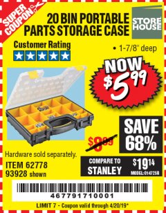 Harbor Freight Coupon 20 BIN PORTABLE PARTS STORAGE CASE Lot No. 62778/93928 Expired: 4/20/19 - $5.99