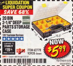 Harbor Freight Coupon 20 BIN PORTABLE PARTS STORAGE CASE Lot No. 62778/93928 Expired: 5/31/19 - $5.99