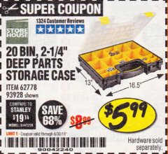 Harbor Freight Coupon 20 BIN PORTABLE PARTS STORAGE CASE Lot No. 62778/93928 Expired: 6/30/19 - $5.99