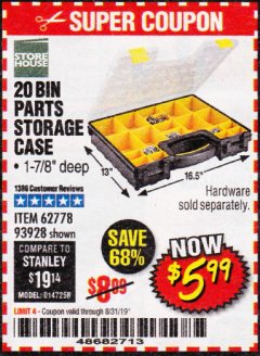 Harbor Freight Coupon 20 BIN PORTABLE PARTS STORAGE CASE Lot No. 62778/93928 Expired: 8/31/19 - $5.99
