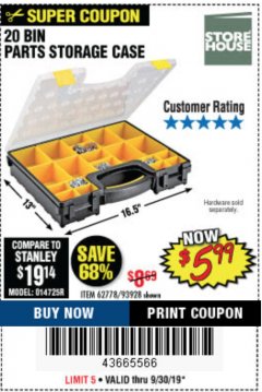 Harbor Freight Coupon 20 BIN PORTABLE PARTS STORAGE CASE Lot No. 62778/93928 Expired: 9/30/19 - $5.99