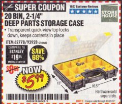 Harbor Freight Coupon 20 BIN PORTABLE PARTS STORAGE CASE Lot No. 62778/93928 Expired: 10/31/19 - $5.99