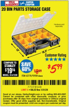 Harbor Freight Coupon 20 BIN PORTABLE PARTS STORAGE CASE Lot No. 62778/93928 Expired: 1/31/20 - $5.99