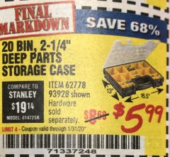 Harbor Freight Coupon 20 BIN PORTABLE PARTS STORAGE CASE Lot No. 62778/93928 Expired: 1/31/20 - $5.99