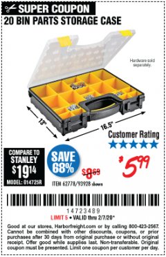 Harbor Freight Coupon 20 BIN PORTABLE PARTS STORAGE CASE Lot No. 62778/93928 Expired: 2/7/20 - $5.99